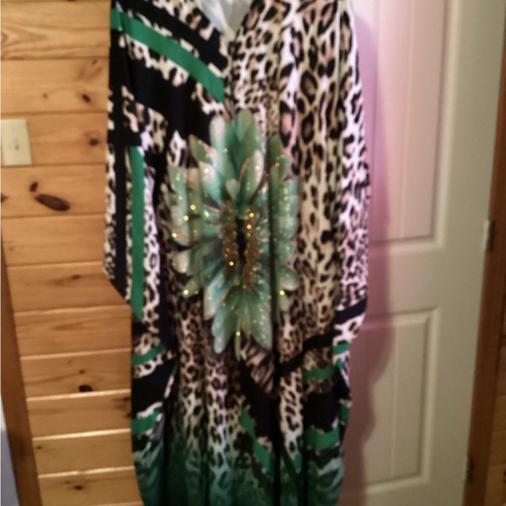 Leopard Print Kaftan with Green Floral Design